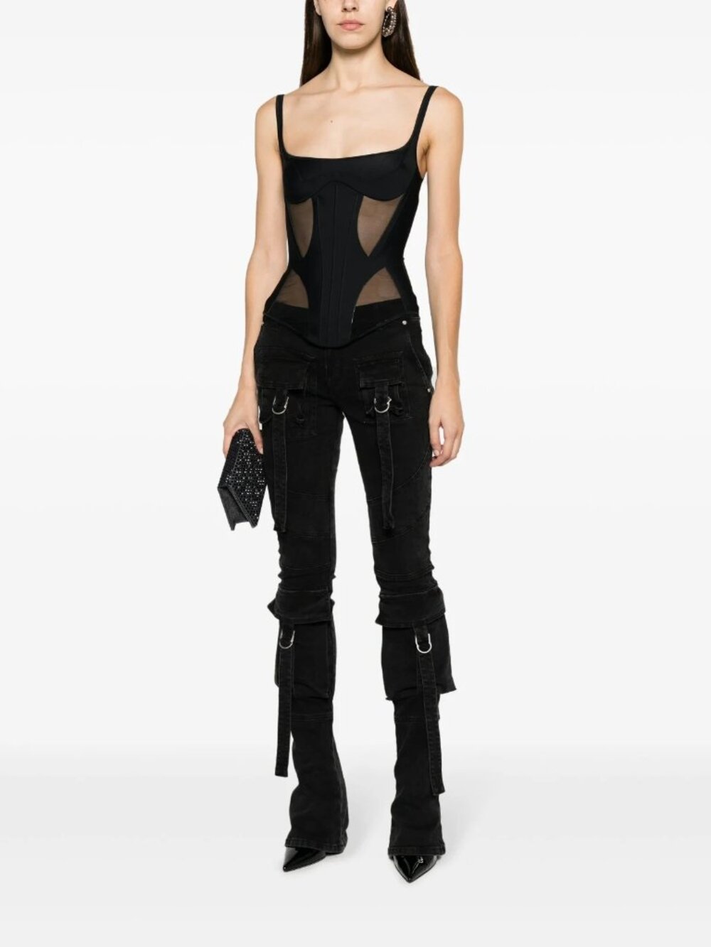 Mugler Womens Bonded Illusion Corset Size Medium Black Semi Sheer Corset Top